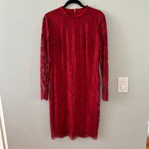 NWT $1195 Escada Dalisa Cherry Red Long Sleeve Lace Midi Dress 34 US 4 XS